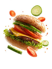A Realistic Photo of Double Cheeseburger with Sliced Tomatoes and Cucumber on a Transparent Background.