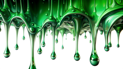 Vibrant green viscous liquid dripping in abstract formations, creating a glossy and shiny texture isolated on transparent background