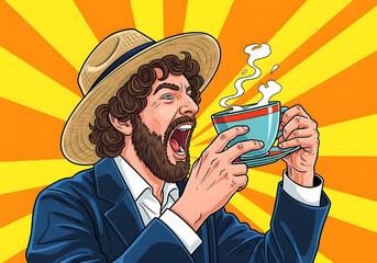 A man in a suit and hat is screaming into a cup. The image is colorful and has a fun, playful vibe. Illustration