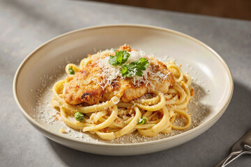 A comforting plate of creamy linguine topped with a golden-brown breaded chicken cutlet, generously sprinkled with parmesan cheese and fresh herbs for a perfect Italian meal.
