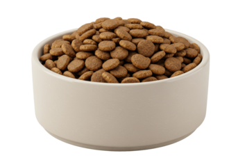A close-up view of a bowl filled with dry pet food, set against a plain background