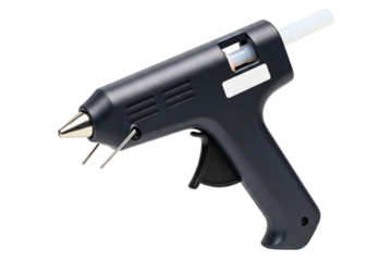 Handheld electric hot glue gun with a metal stand isolated on a transparent background