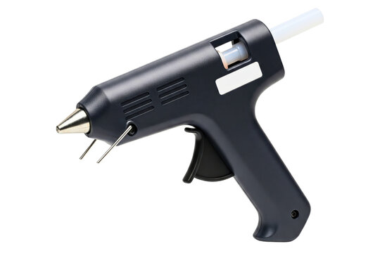 Handheld electric hot glue gun with a metal stand isolated on a transparent background