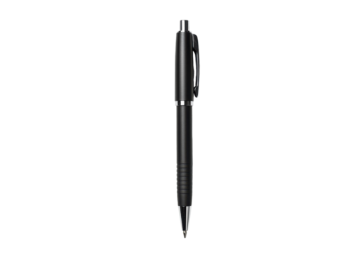 A sleek black pen standing upright against a plain background, ideal for writing