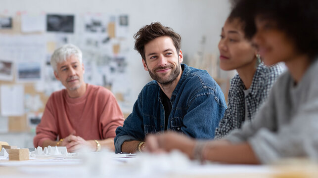Diverse team collaborating on architectural models in a bright, modern office. Represents teamwork, innovation, and creative solutions in design and architecture.