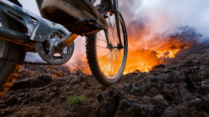 Bicycle Riding Through Volcanic Landscape with Fiery Lava and Dramatic Clouds in Natural Adventure Setting