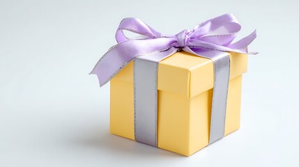 Obraz premium Gift box sits on white background. Features ribbons, bow, pastel colors. Festive, present, birthday, celebration, holiday. For graphic design, marketing, web.
