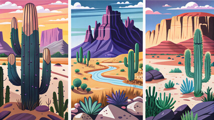Set of Desert Cliffs with scattered cacti and a clear blue sky, Highly detailed vector illustration banner collection