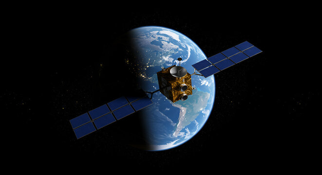 Satellite orbiting Earth with city lights visible in the night side view