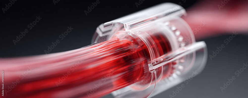 Poster abstract, dynamic image featuring red streams flowing through a clear casing. evokes concepts of dat