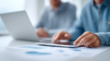 Closeup of hands using a tablet over financial charts. Business meeting, data analysis. Shows collaboration, strategy, finance. Good for corporate concepts.