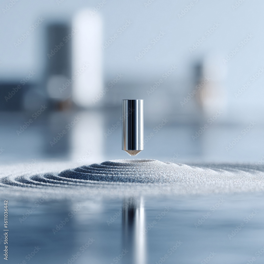 Poster abstract conceptual image featuring a metallic stylus creating ripples in a granular surface. minima