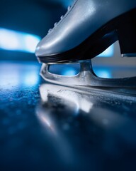 Close-Up View of an Ice Skating Blade Reflecting Light on a Polished Ice Surface in a Winter Setting