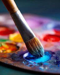 Fototapeta premium Closeup of a Paintbrush Dipping into Vibrant Blue Paint on a Colorful Artist Palette with Various Colors