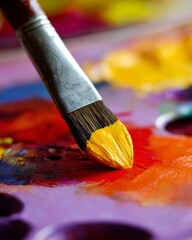 Obraz premium Closeup of a Paintbrush Dipping into Vibrant Colors on an Artist's Palette in a Creative Studio Setting