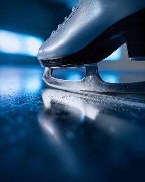 Close-Up View of an Ice Skating Blade Reflecting Light on a Polished Ice Surface in a Winter Setting