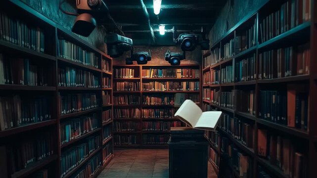 Soft light filters through the shadowy corridors of an enchanting library, where shelves brim with dusty volumes and whispers of adventures waiting to be explored linger in the air.