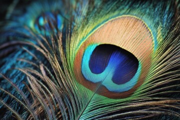 Fototapeta premium Close-up of vibrant peacock feather with iridescent colors and intricate texture in macro detail