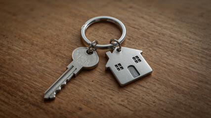 House key with keychain resting on wooden table