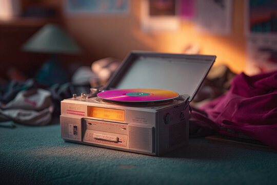 Retro audio system plays a disc on a messy bedroom floor. Evokes nostalgia, youth,  personal space. Great for articles or blogs on music and lifestyle.