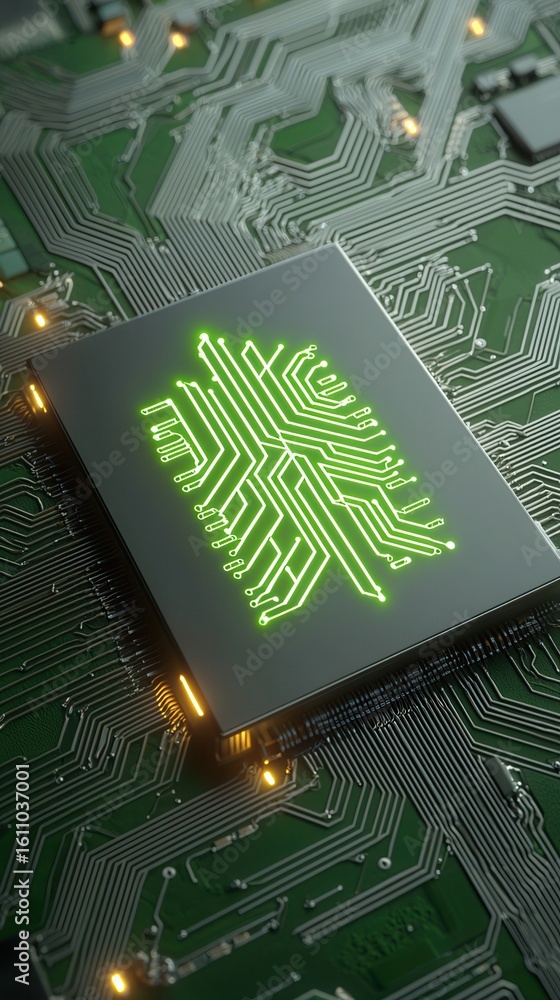 Poster nature conservation concept. high-tech circuit board with a microchip design.