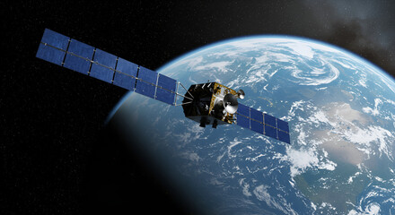 Satellite orbiting earth with solar panels, space exploration and communication