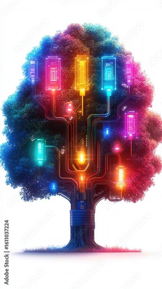 Aufkleber nature conservation concept. digital tree with colorful connections and tech elements.