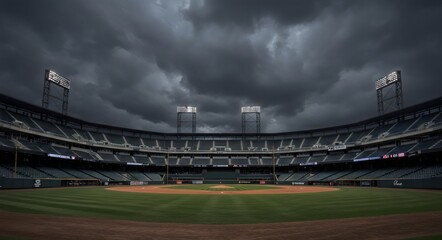 Empty Baseball Stadium Under Dark Stormy Sky with Bright Lights - Anticipation, Drama & Sports Venue, Baseball field, stadium, sport concept, Ai generative 