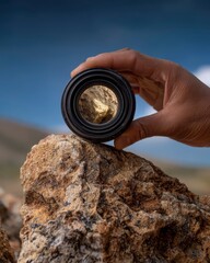 Hand Holding a Photography Lens Against a Rocky Landscape with Golden Reflections in Nature