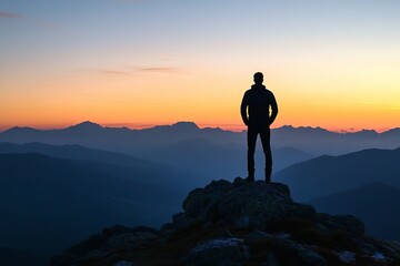 Man standing on mountain peak at sunrise with scenic view of snow-capped mountains and glowing sky in the distance