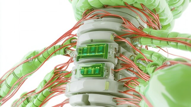 nature conservation concept. Futuristic organic structure with wires and circuits in green tones.