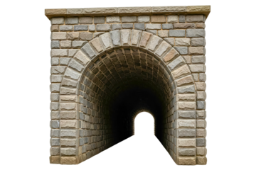 Arched entrance to a dark tunnel made of cut stone blocks isolated on a transparent background