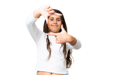 Young girl over isolated chroma key background focusing face. Framing symbol