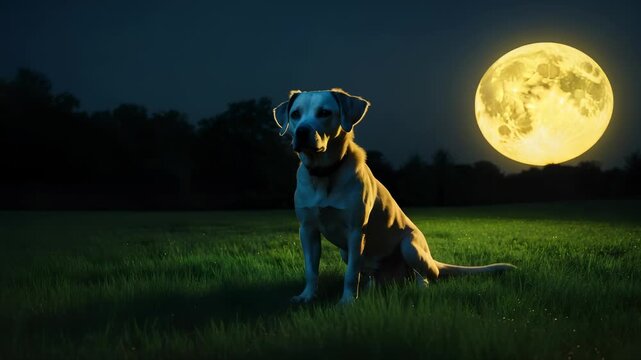Dog Sitting in Field Under Large Moon