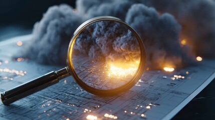 Magnifying Glass Over Map With Smoke And Fire Representing Investigation Of A Catastrophic Event