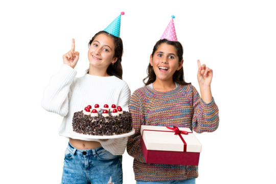 Friends girls holding gift and a birthday cake over isolated chroma key background intending to realizes the solution while lifting a finger up - Powered by Adobe