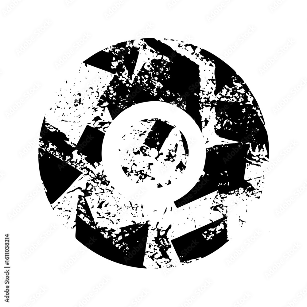 Poster vector abstract circular features a central glyph with distressed textures.