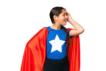 Super Hero girl over isolated chroma key background smiling a lot