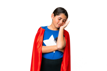 Super Hero girl over isolated chroma key background with headache