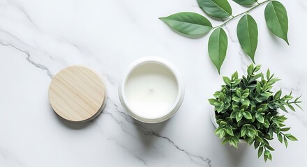 Natural skincare product in a jar with a wooden lid and green leaves