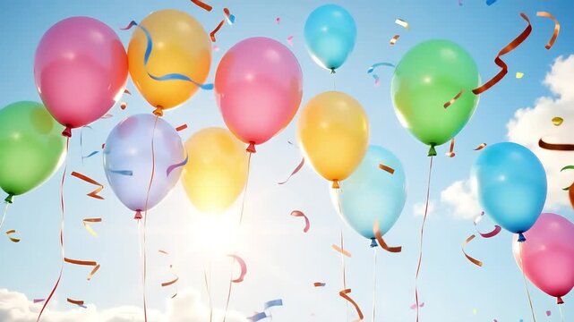 Vibrant balloons floating joyfully against a summer sky with falling confetti