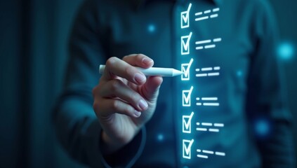 Businessman in a suit with his hand pushing a button on a touch screen, symbolizing success and technological communication