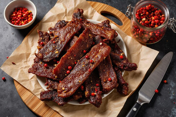 Discover the rich, savory flavor of homemade beef jerky strips, perfectly seasoned with pink peppercorns and spices for a high-protein, satisfying snack experience.
