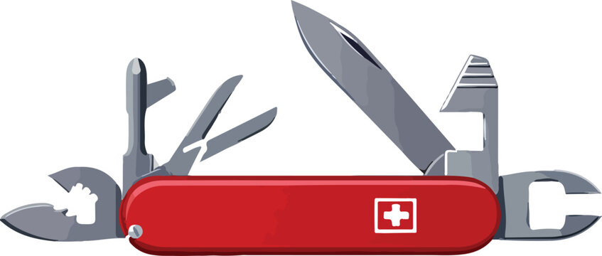 Red multi tool with silver blades and white cross emblem knife  style vector illustration EPS file download	