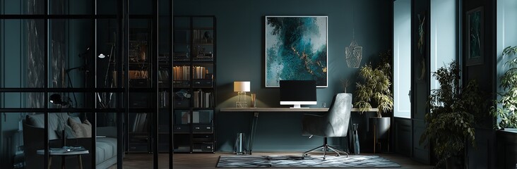 Modern Dark Home Office Interior Design Stylish Workspace Teal Walls art desk room calm cozy chair  