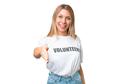 Young volunteer woman over isolated chroma key background shaking hands for closing a good deal