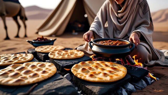 Desert feast with camel and traditional food