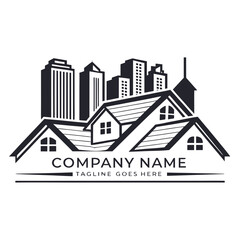 Obraz premium Dense Urban Real Estate Logo Vector - Monochromatic Layered Housing, Detailed City Skyline, and Corporate Property Branding