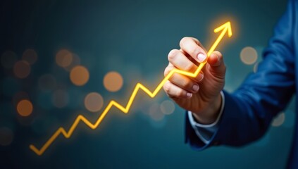 Hand drawing a business growth graph on a digital screen, symbolizing financial success and market progress