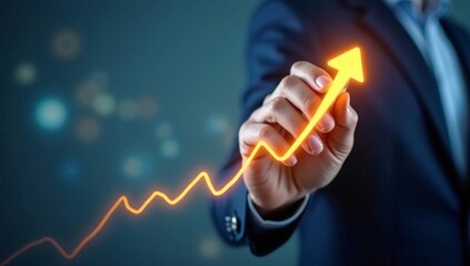 Hand drawing a business growth graph on a digital screen, symbolizing financial success and market progress